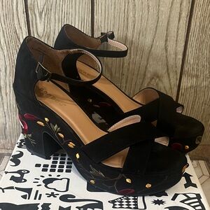 Black Embroidered Platform Heels